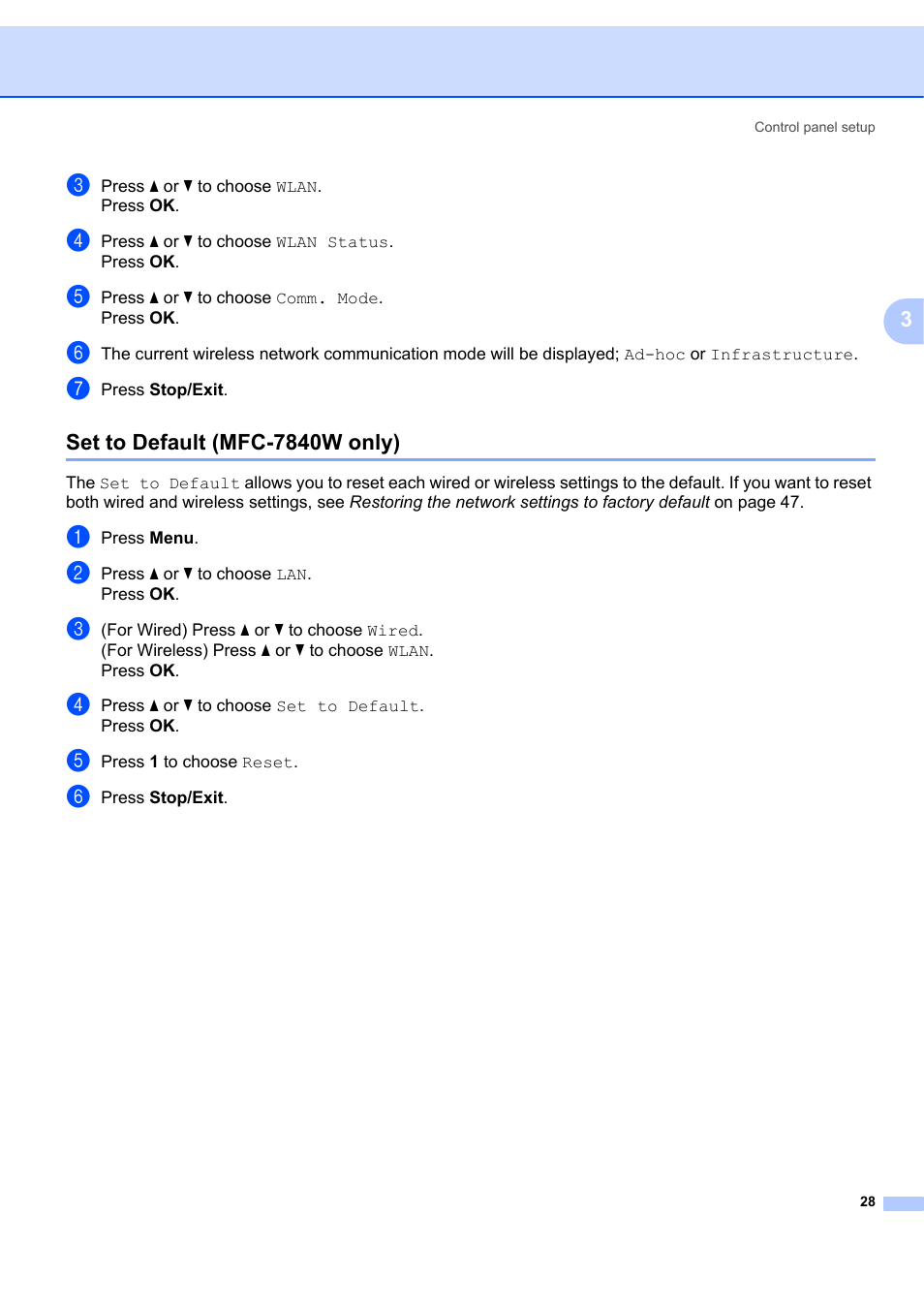 Set to default (mfc-7840w only) | Brother MFC 7840W User Manual | Page 35 / 67