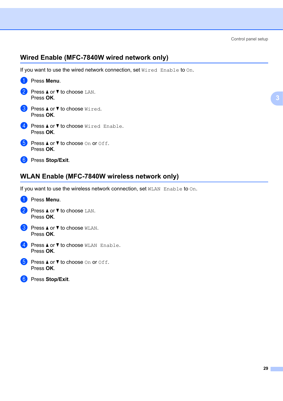 Wired enable (mfc-7840w wired network only), Wlan enable (mfc-7840w wireless network only) | Brother MFC 7840W User Manual | Page 36 / 67