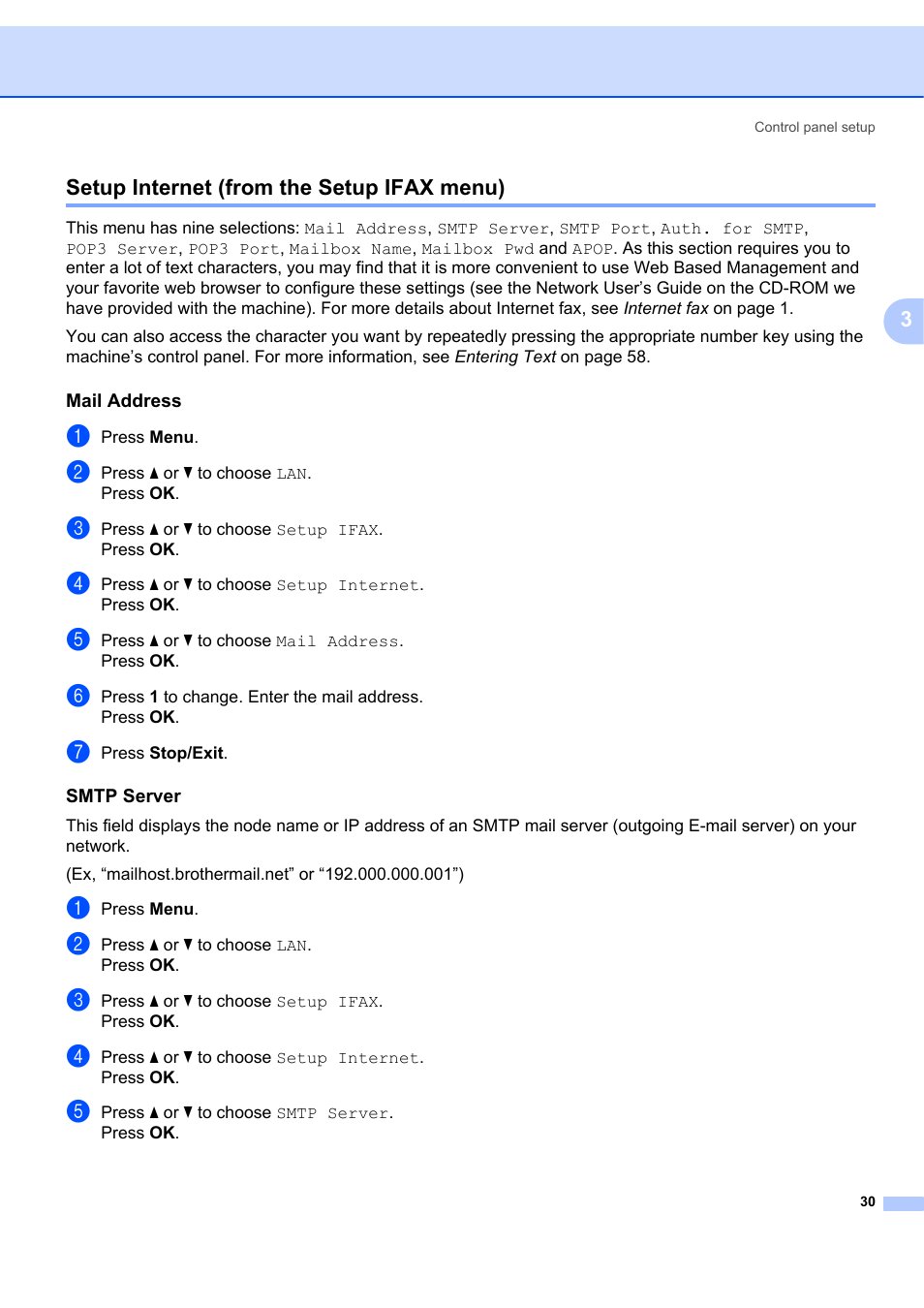 Setup internet (from the setup ifax menu), Mail address, Smtp server | 3setup internet (from the setup ifax menu) | Brother MFC 7840W User Manual | Page 37 / 67