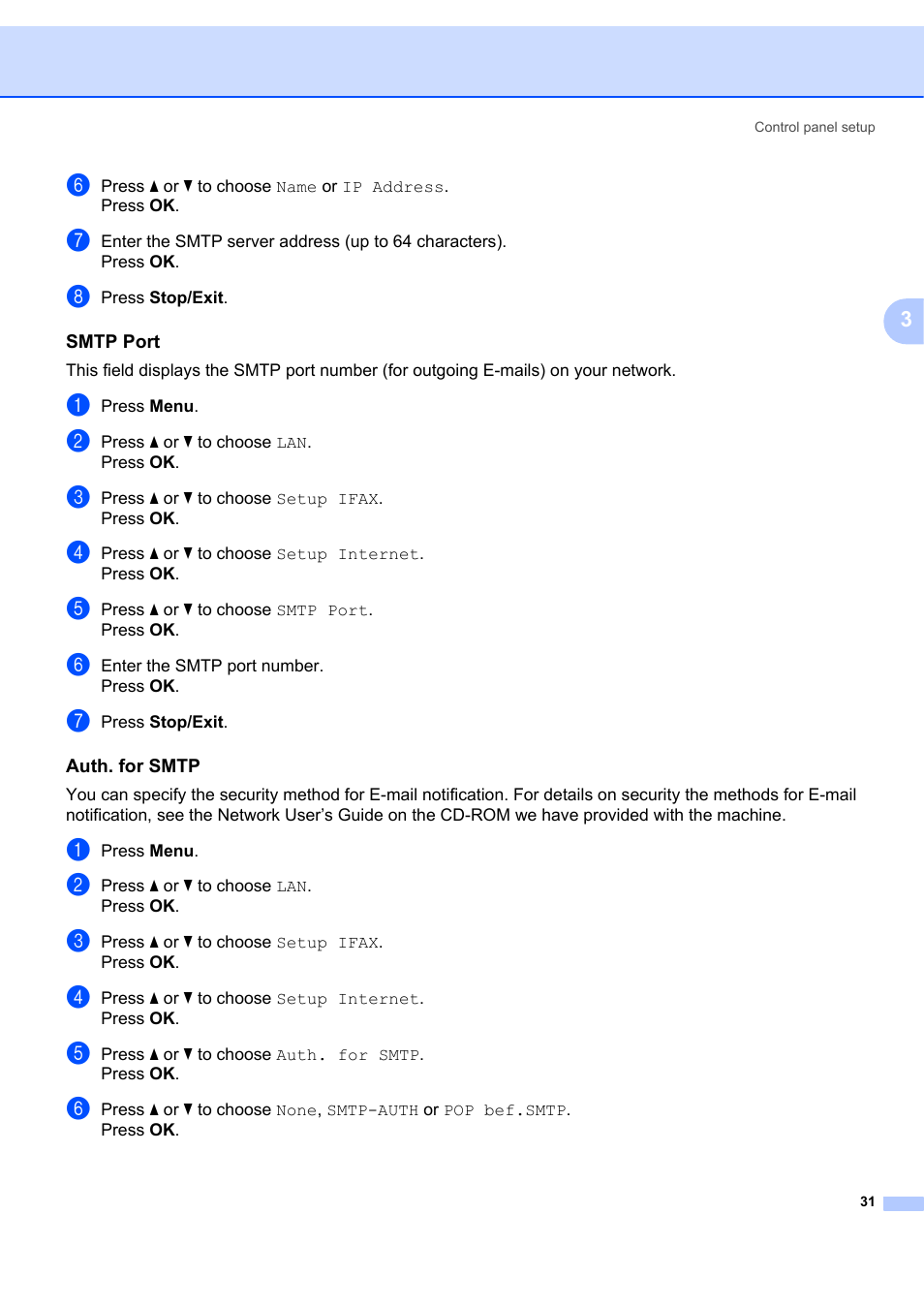 Smtp port, Auth. for smtp | Brother MFC 7840W User Manual | Page 38 / 67