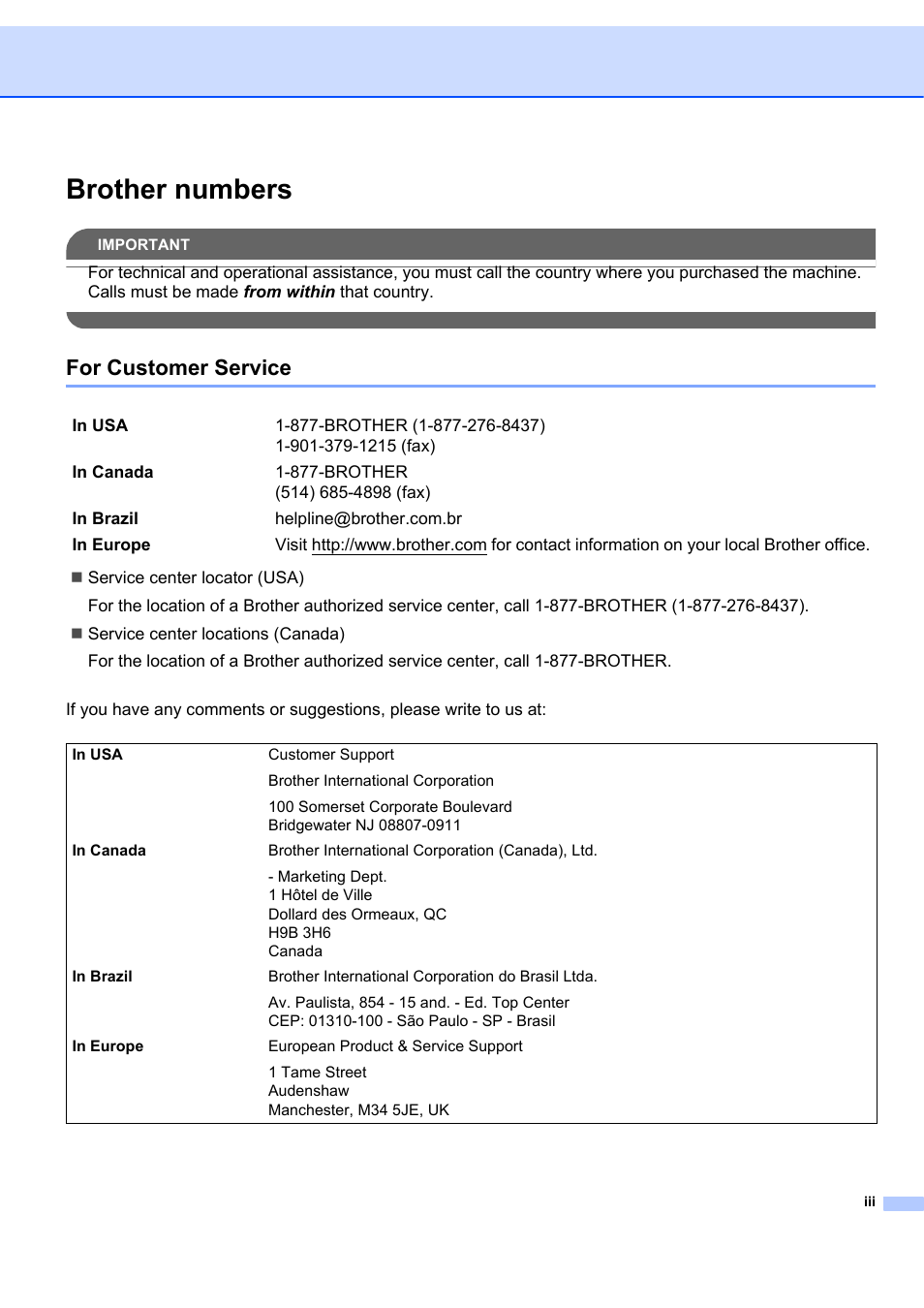 Brother numbers, For customer service | Brother MFC 7840W User Manual | Page 4 / 67