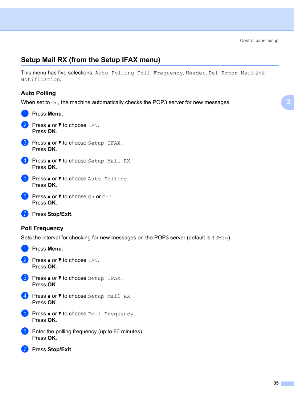Setup mail rx (from the setup ifax menu), Auto polling, Poll frequency | Brother MFC 7840W User Manual | Page 42 / 67