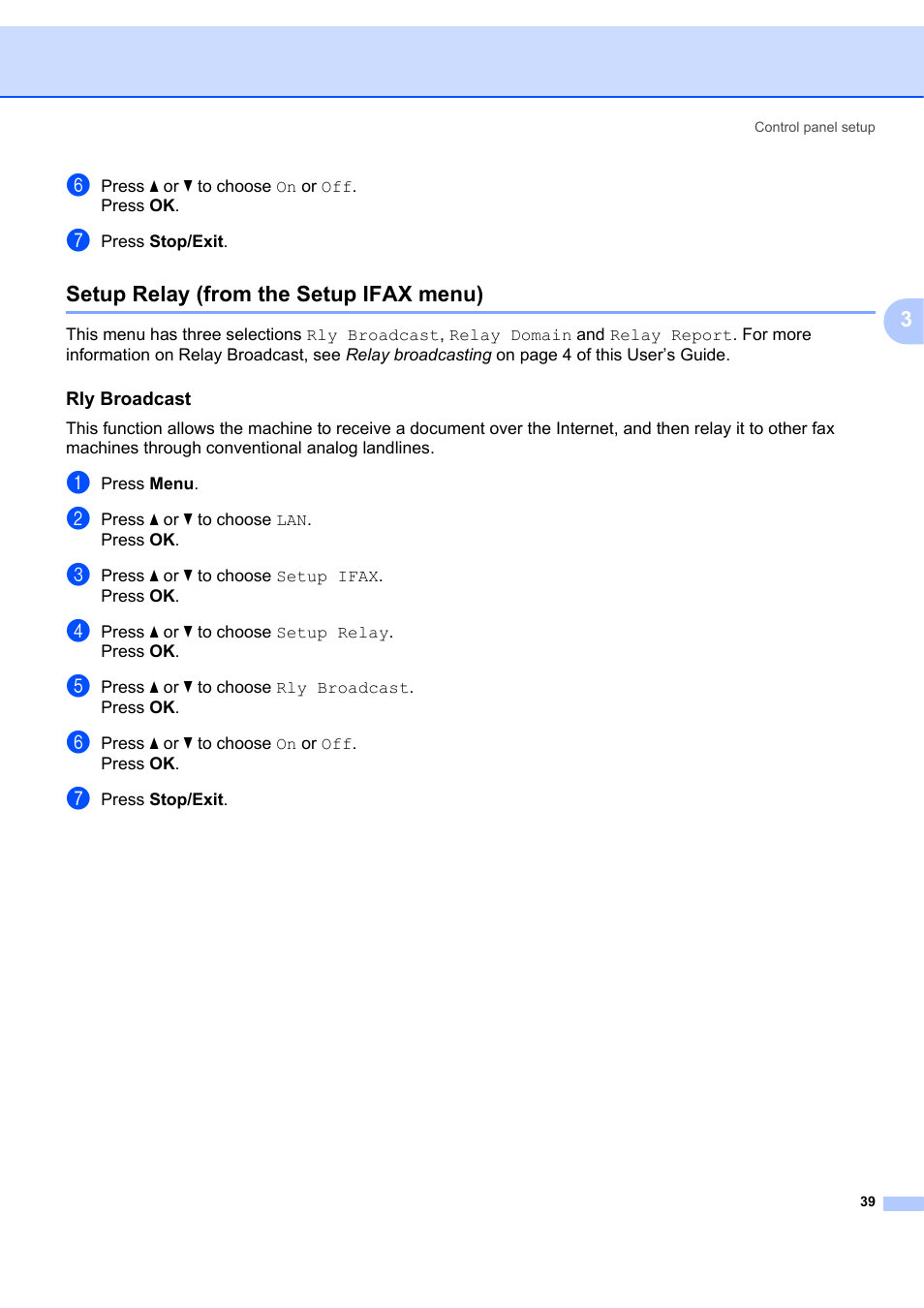 Setup relay (from the setup ifax menu), Rly broadcast | Brother MFC 7840W User Manual | Page 46 / 67