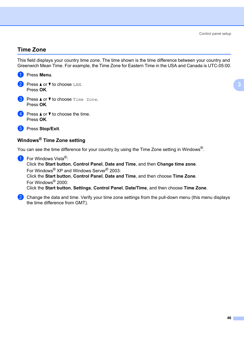 Time zone, Windows® time zone setting, 3time zone | Brother MFC 7840W User Manual | Page 53 / 67