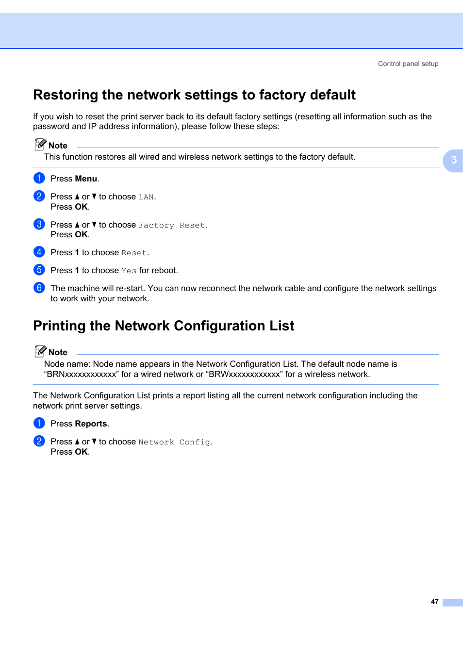 Restoring the network settings to factory default, Printing the network configuration list | Brother MFC 7840W User Manual | Page 54 / 67