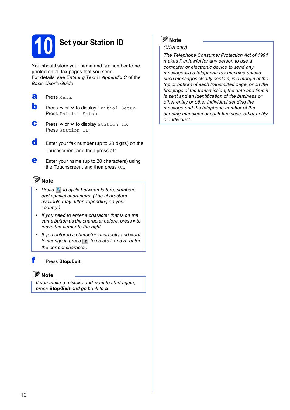 10 set your station id, Set your station id | Brother MFC J5910DW User Manual | Page 10 / 43