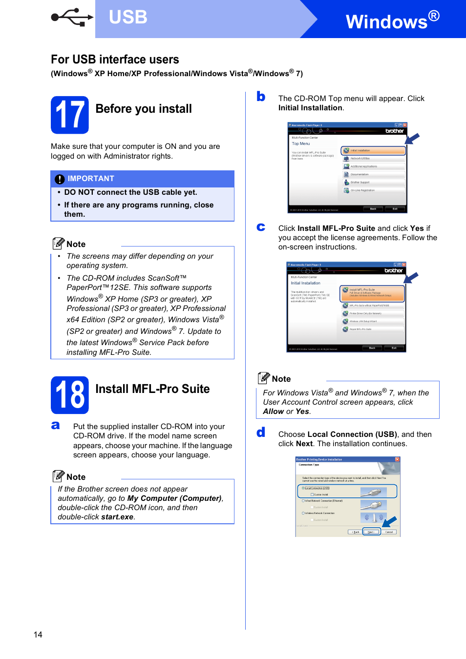 17 before you install, 18 install mfl-pro suite, Windows | For usb interface users, Before you install, Install mfl-pro suite | Brother MFC J5910DW User Manual | Page 14 / 43