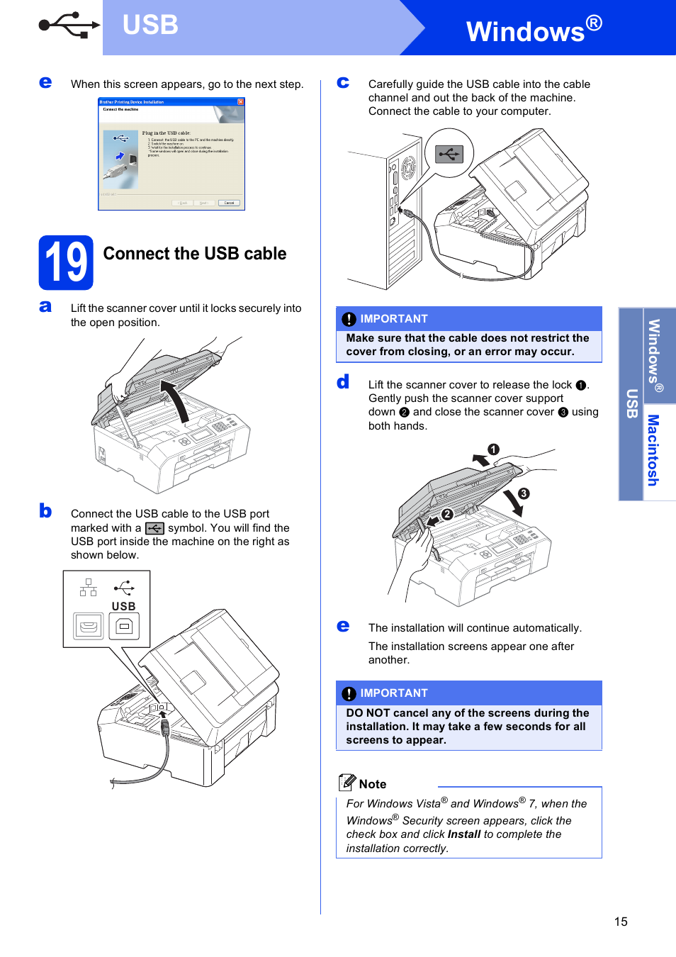 19 connect the usb cable, Windows, Connect the usb cable | Brother MFC J5910DW User Manual | Page 15 / 43