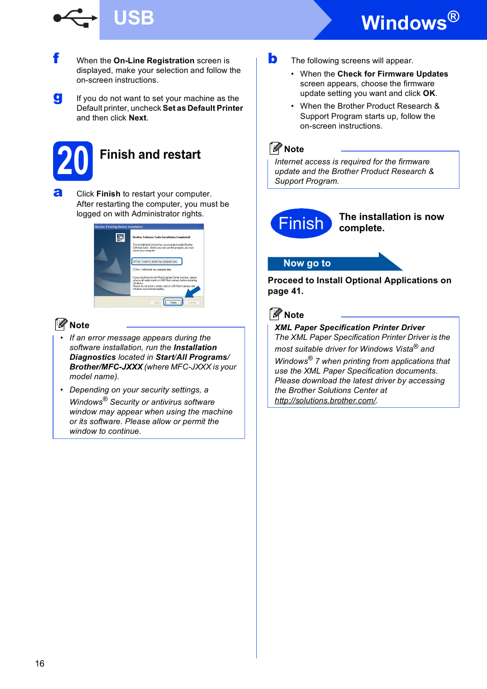 20 finish and restart, Windows, Finish | Finish and restart | Brother MFC J5910DW User Manual | Page 16 / 43