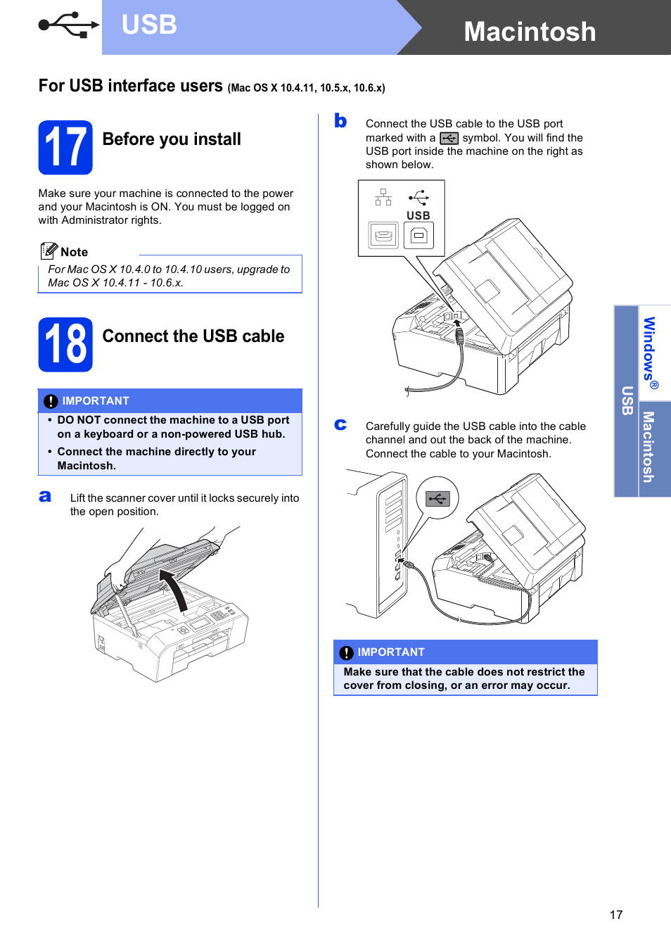 17 before you install, 18 connect the usb cable, Macintosh usb | Brother MFC J5910DW User Manual | Page 17 / 43