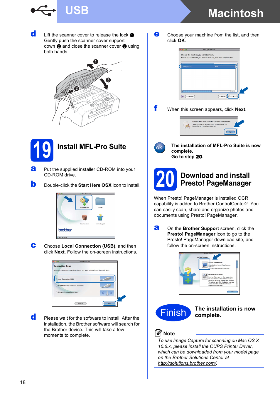 19 install mfl-pro suite, Macintosh usb, Finish | Brother MFC J5910DW User Manual | Page 18 / 43