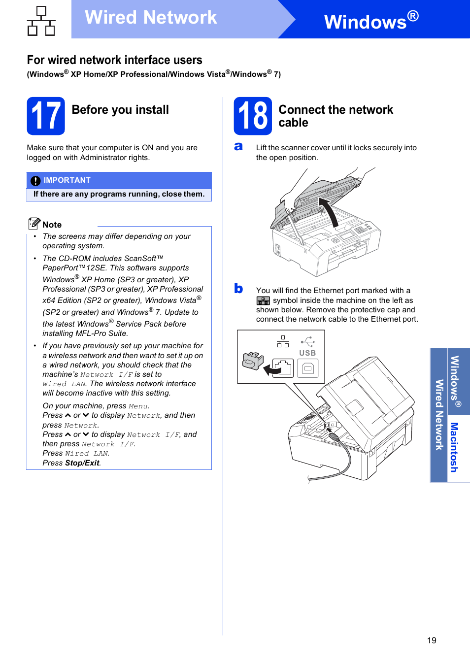 17 before you install, 18 connect the network cable, Windows | Wired network, For wired network interface users, Before you install, Connect the network cable | Brother MFC J5910DW User Manual | Page 19 / 43