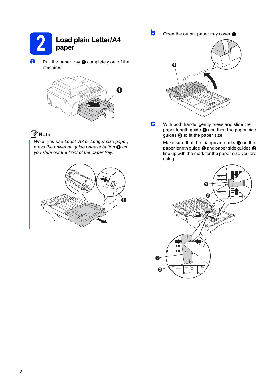 2 load plain letter/a4 paper, Load plain letter/a4 paper | Brother MFC J5910DW User Manual | Page 2 / 43