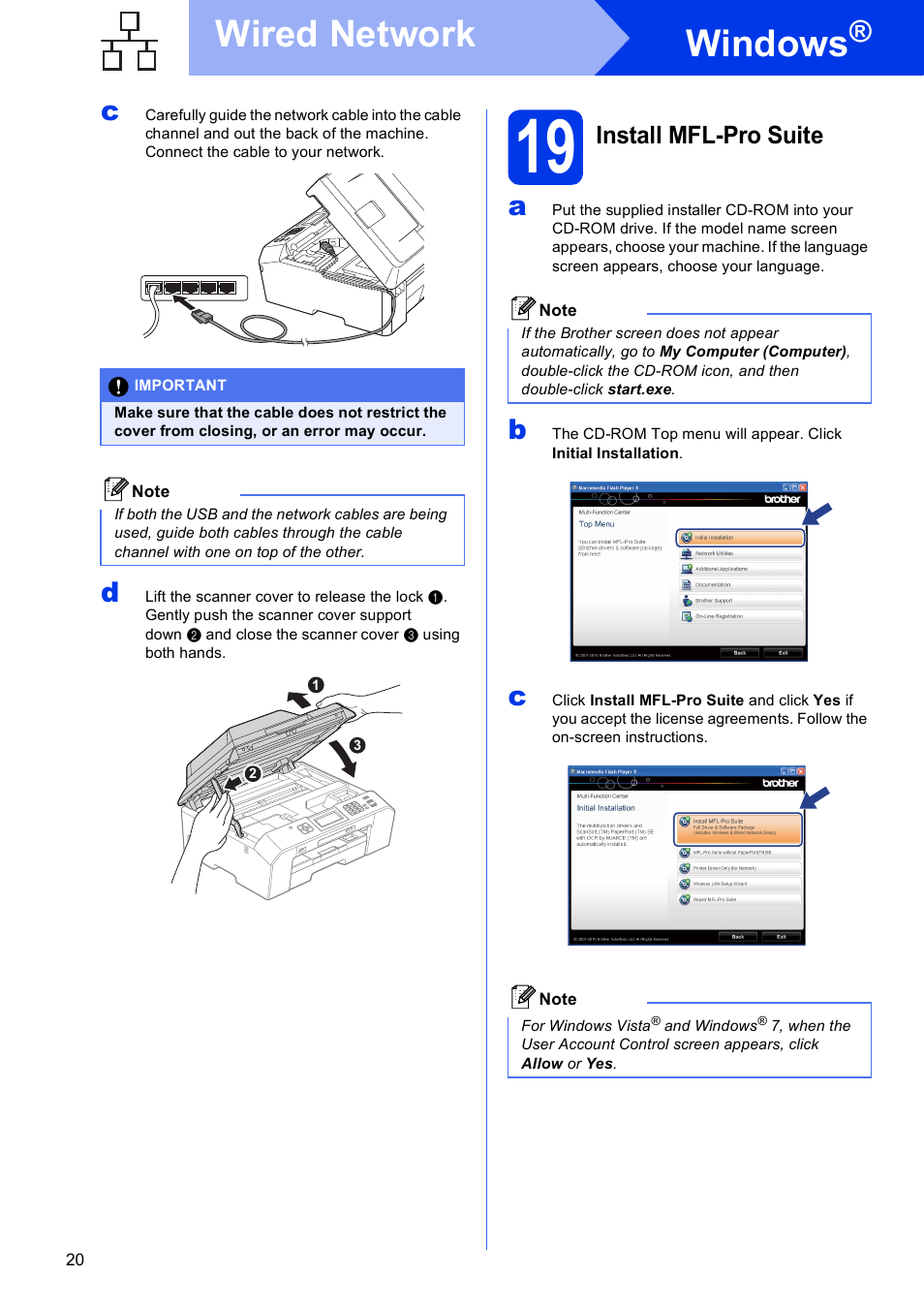 19 install mfl-pro suite, Windows, Wired network | Install mfl-pro suite | Brother MFC J5910DW User Manual | Page 20 / 43