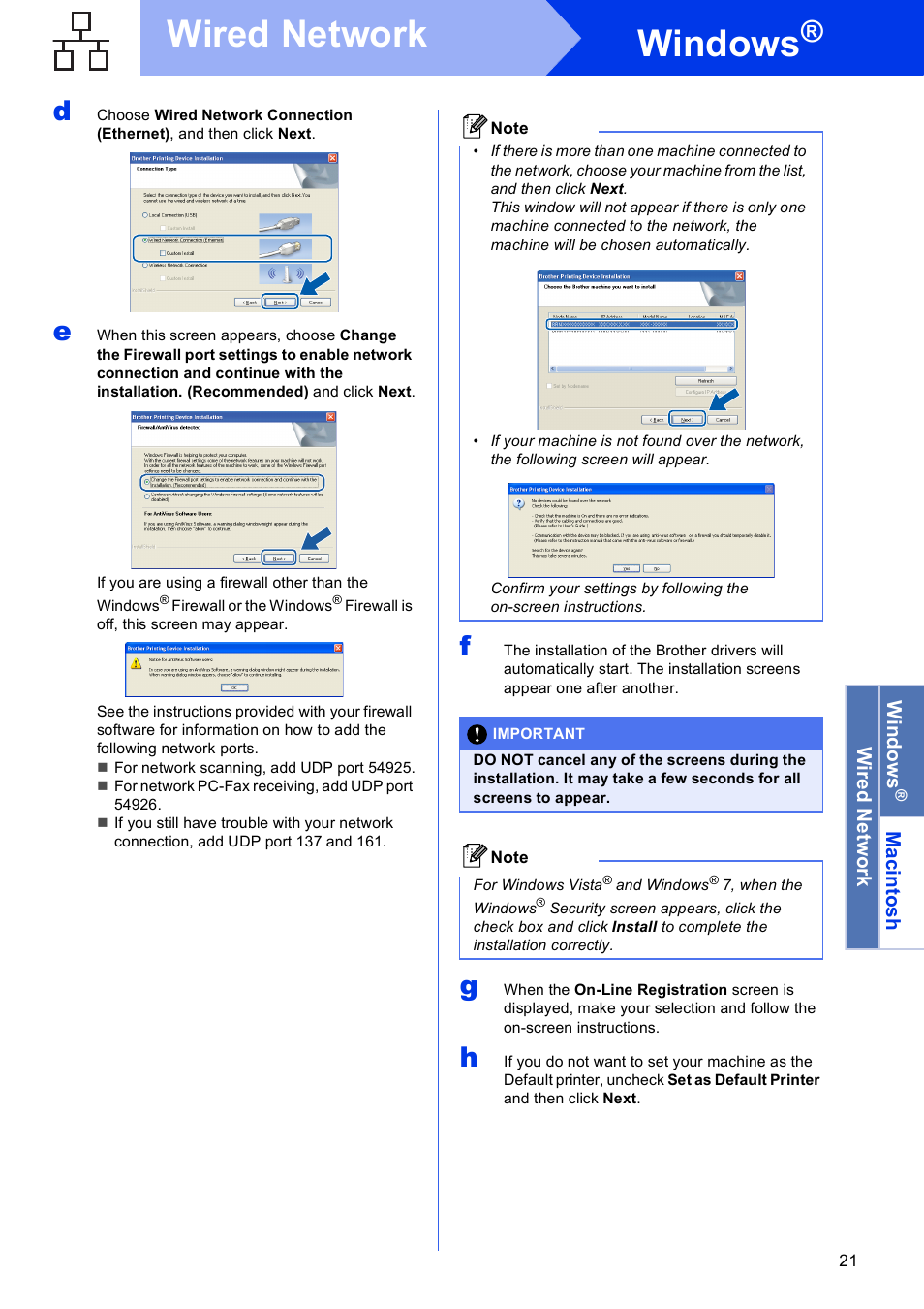 Windows, Wired network | Brother MFC J5910DW User Manual | Page 21 / 43