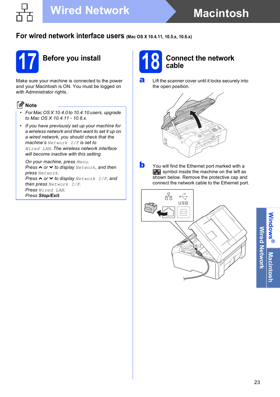 17 before you install, 18 connect the network cable, Macintosh wired network | Brother MFC J5910DW User Manual | Page 23 / 43