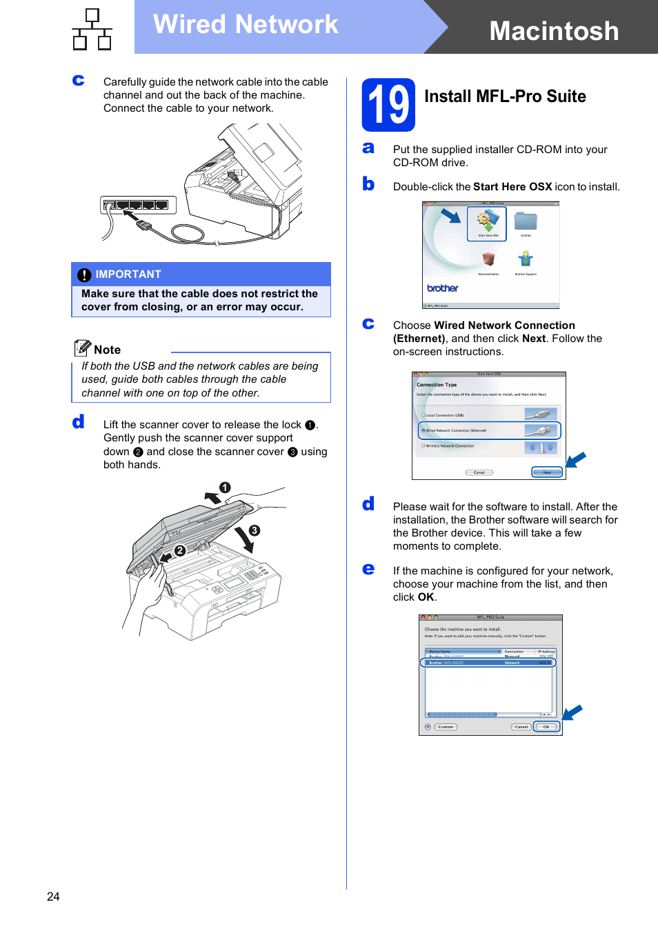 19 install mfl-pro suite, Macintosh wired network | Brother MFC J5910DW User Manual | Page 24 / 43