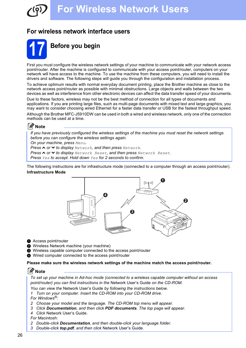 For wireless network interface users, 17 before you begin, For wireless network users | Before you begin | Brother MFC J5910DW User Manual | Page 26 / 43