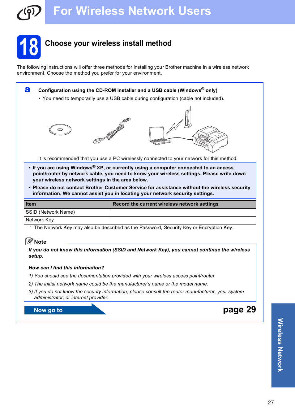 18 choose your wireless install method, For wireless network users, Page 29 | Choose your wireless install method | Brother MFC J5910DW User Manual | Page 27 / 43