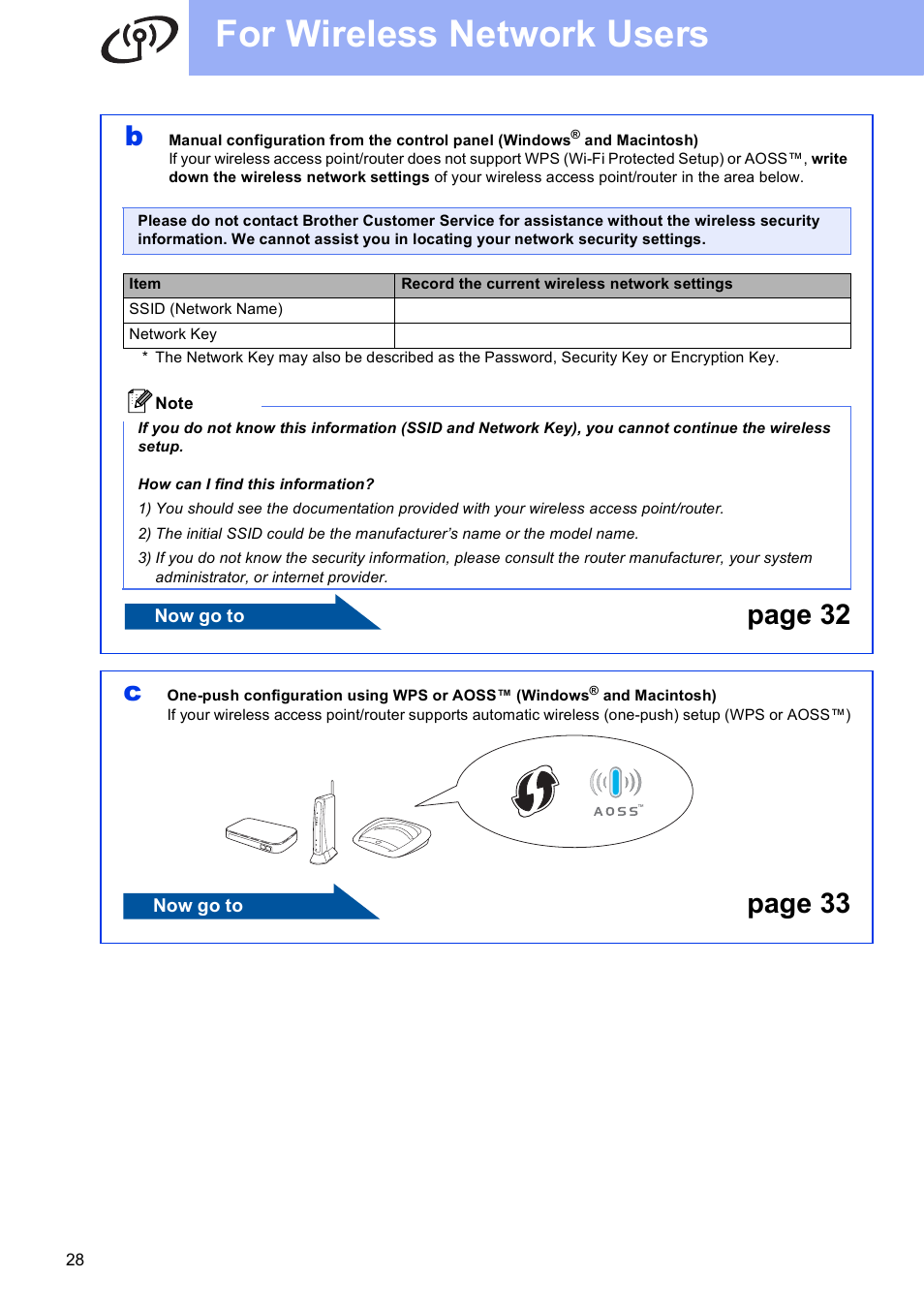 For wireless network users, Page 32 c, Page 33 | Brother MFC J5910DW User Manual | Page 28 / 43