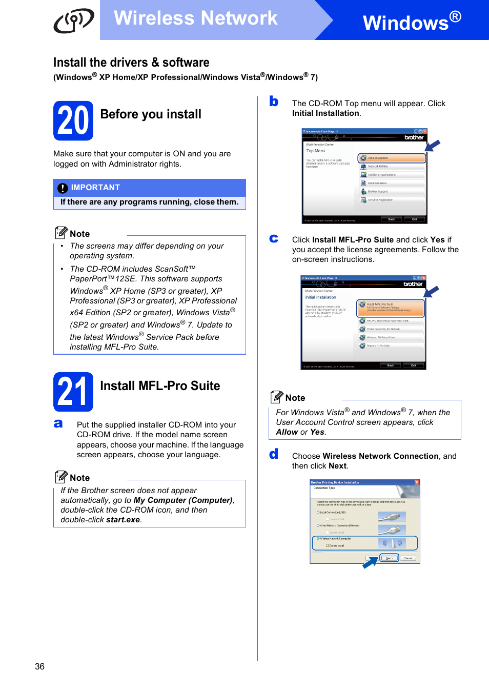 20 before you install, 21 install mfl-pro suite, Windows | Wireless network, Install the drivers & software, Before you install, Install mfl-pro suite | Brother MFC J5910DW User Manual | Page 36 / 43
