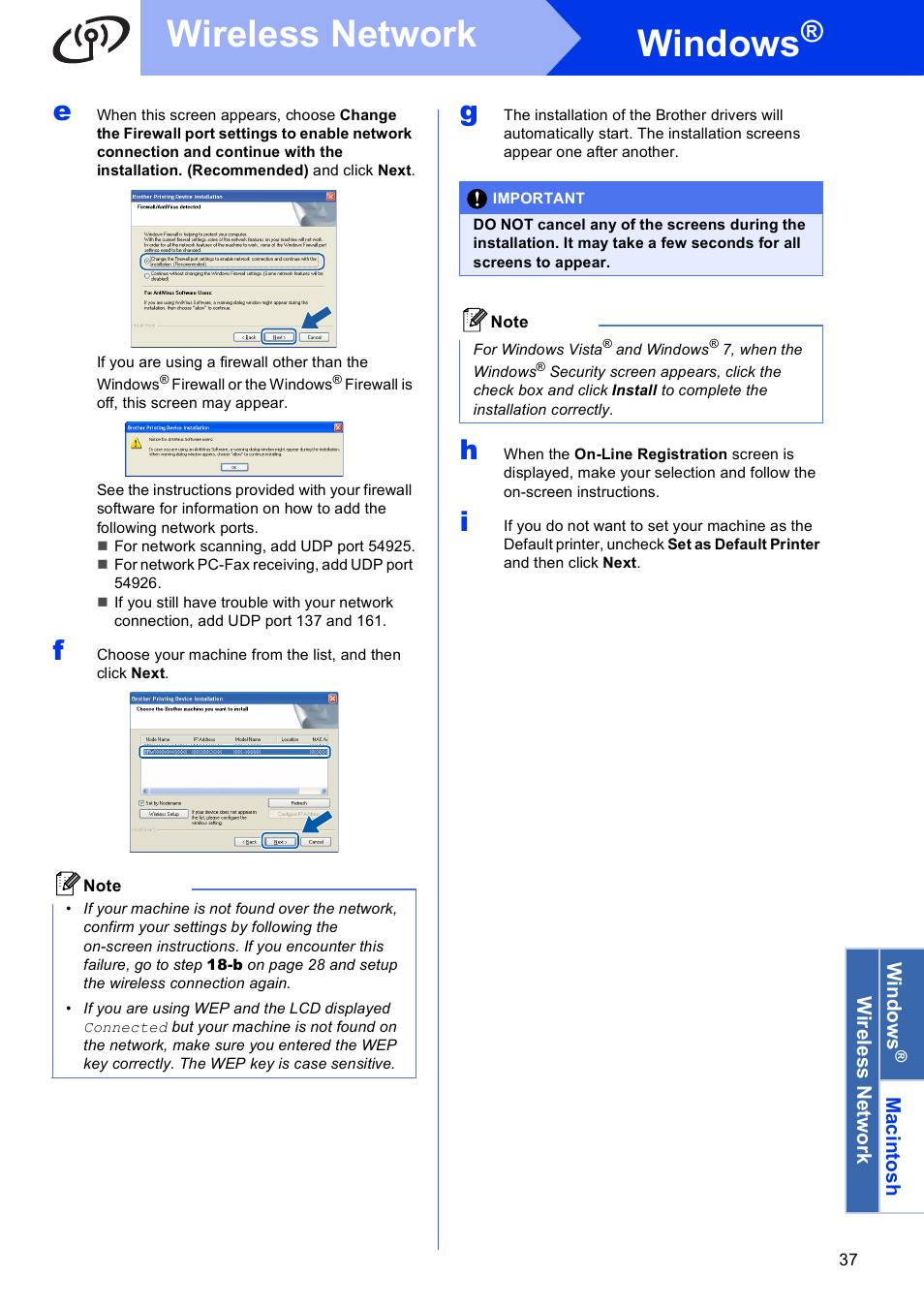 F on, Windows, Wireless network | Brother MFC J5910DW User Manual | Page 37 / 43