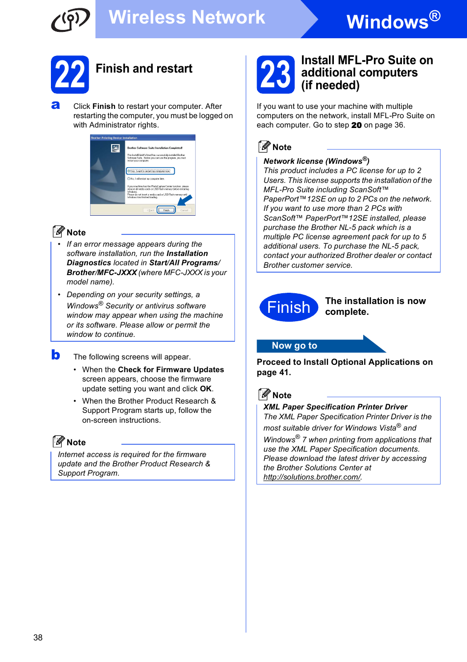 22 finish and restart, Windows, Wireless network | Finish, Finish and restart | Brother MFC J5910DW User Manual | Page 38 / 43