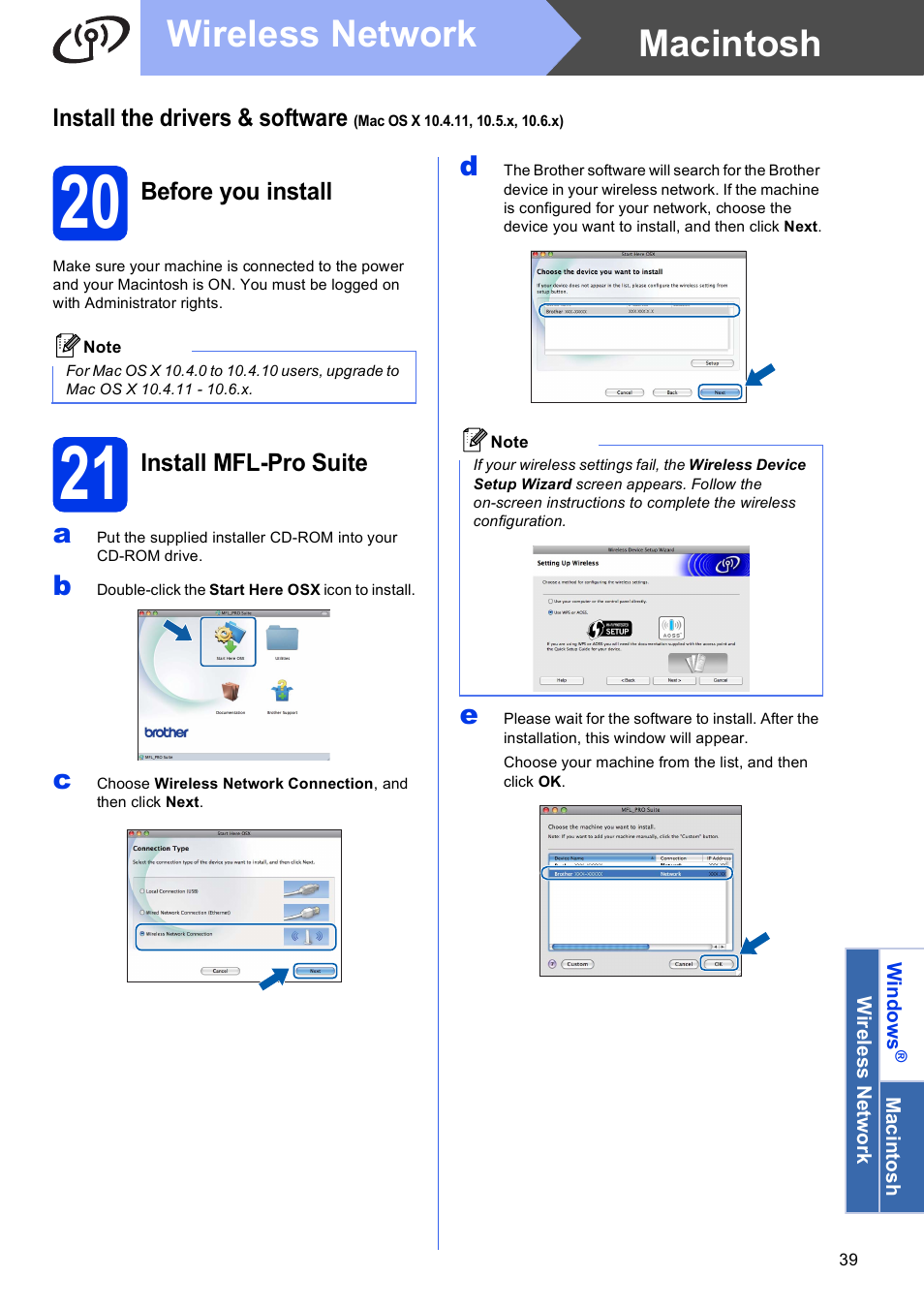 20 before you install, 21 install mfl-pro suite, Macintosh wireless network | Brother MFC J5910DW User Manual | Page 39 / 43