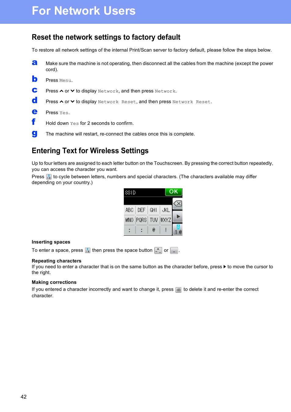 For network users, Reset the network settings to factory default, Entering text for wireless settings | Brother MFC J5910DW User Manual | Page 42 / 43