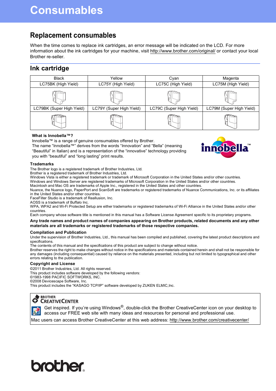 Consumables, Replacement consumables, Ink cartridge | Brother usa/can | Brother MFC J5910DW User Manual | Page 43 / 43