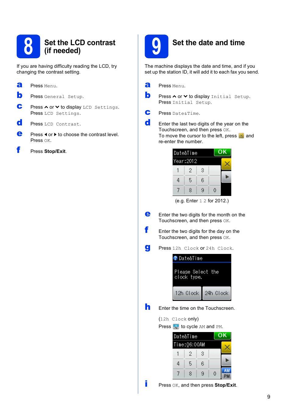 8 set the lcd contrast (if needed), 9 set the date and time | Brother MFC J5910DW User Manual | Page 9 / 43