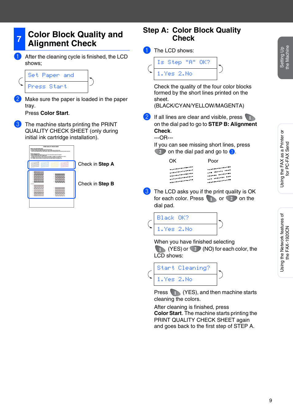 7 color block quality and alignment check, Step a: color block quality check, 7color block quality and alignment check | Set paper and press start | Brother FAX-1820C User Manual | Page 10 / 17