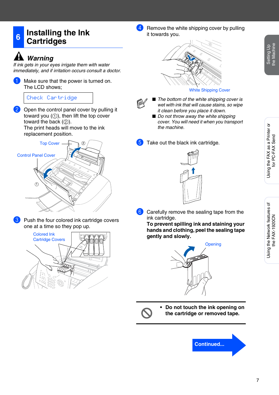 6 installing the ink cartridges, 6installing the ink cartridges, Warning | Check cartridge | Brother FAX-1820C User Manual | Page 8 / 17