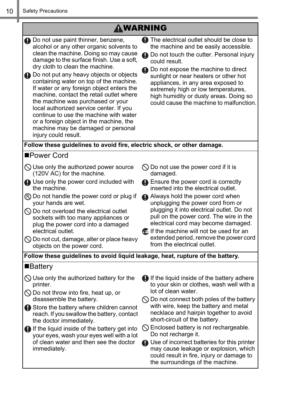 Warning, Power cord, Battery | Brother QL-650TD User Manual | Page 10 / 121