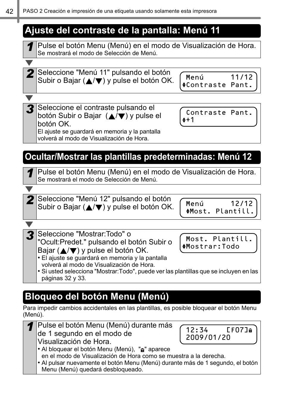 Ajuste del contraste de la pantalla: menú 11, Bloqueo del botón menu (menú) | Brother QL-650TD User Manual | Page 100 / 121