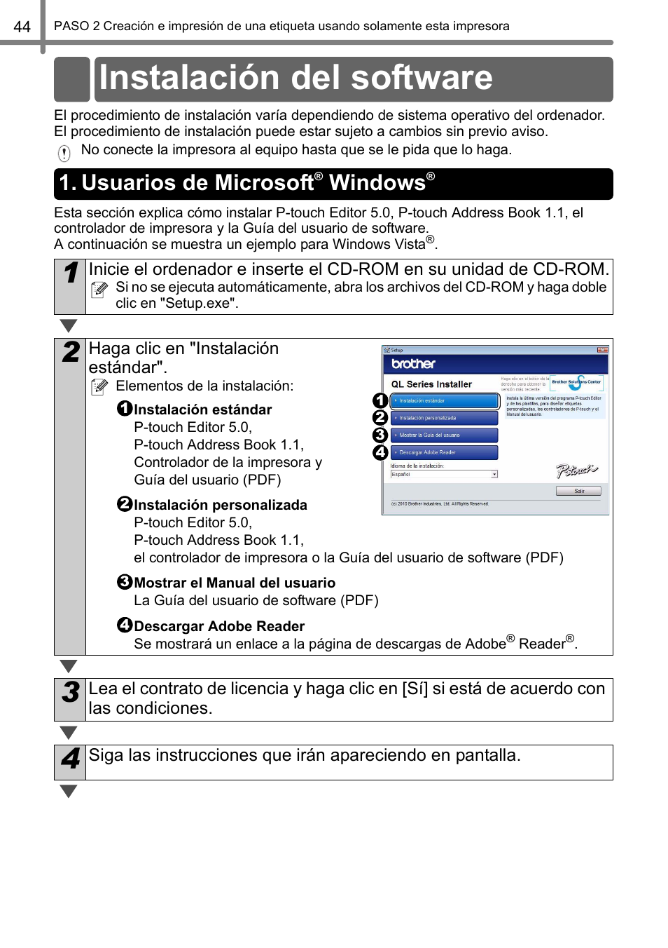 Instalación del software, Usuarios de microsoft® windows, Usuarios de microsoft | Windows | Brother QL-650TD User Manual | Page 102 / 121