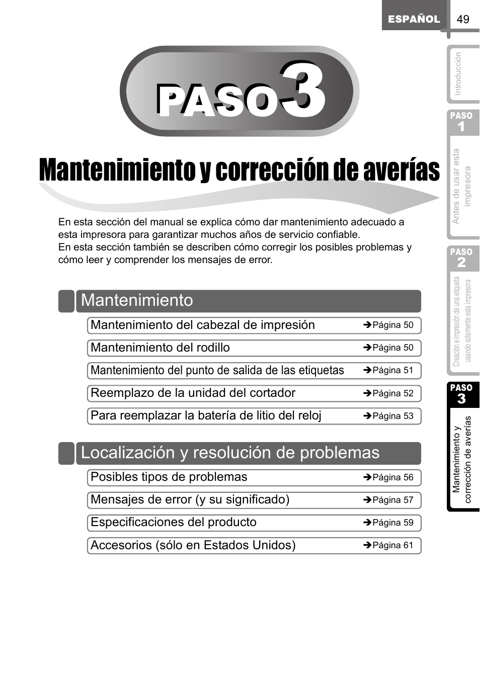 Mantenimiento y corrección de averías, Ient, Rrecc | Averí, Ión de, Step, Enim, N de, Paso | Brother QL-650TD User Manual | Page 107 / 121