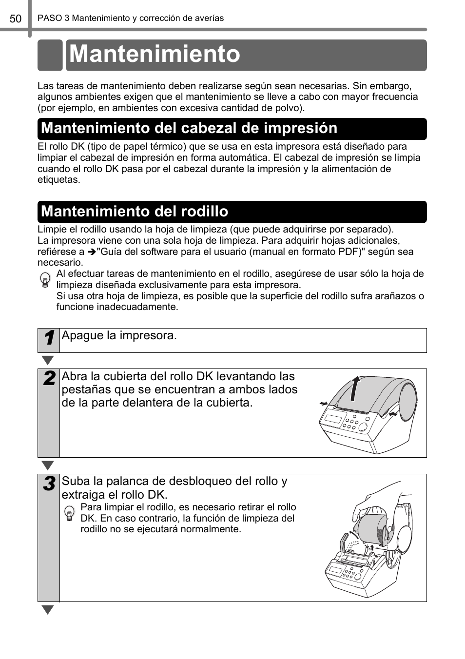 Mantenimiento, Mantenimiento del cabezal de impresión, Mantenimiento del rodillo | Brother QL-650TD User Manual | Page 108 / 121