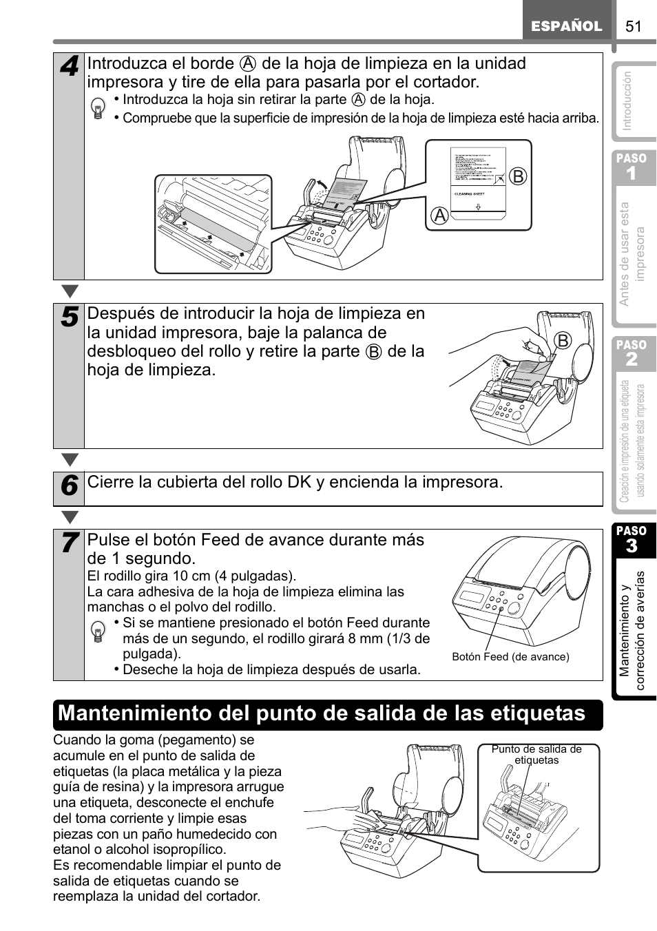 Mantenimiento del punto de salida de las etiquetas | Brother QL-650TD User Manual | Page 109 / 121