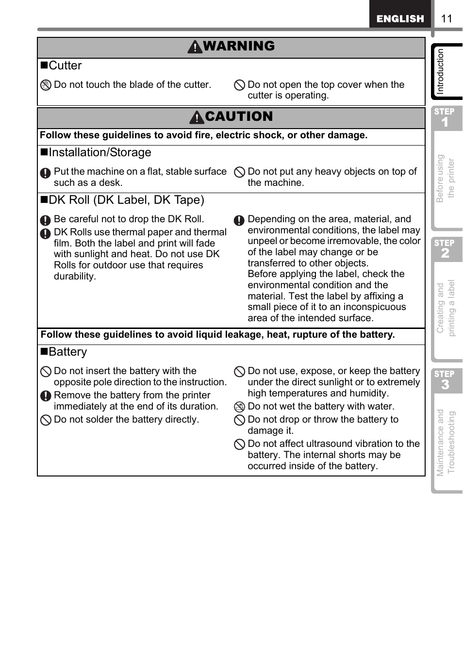 Caution, Warning, Cutter | Installation/storage, Dk roll (dk label, dk tape), Battery | Brother QL-650TD User Manual | Page 11 / 121