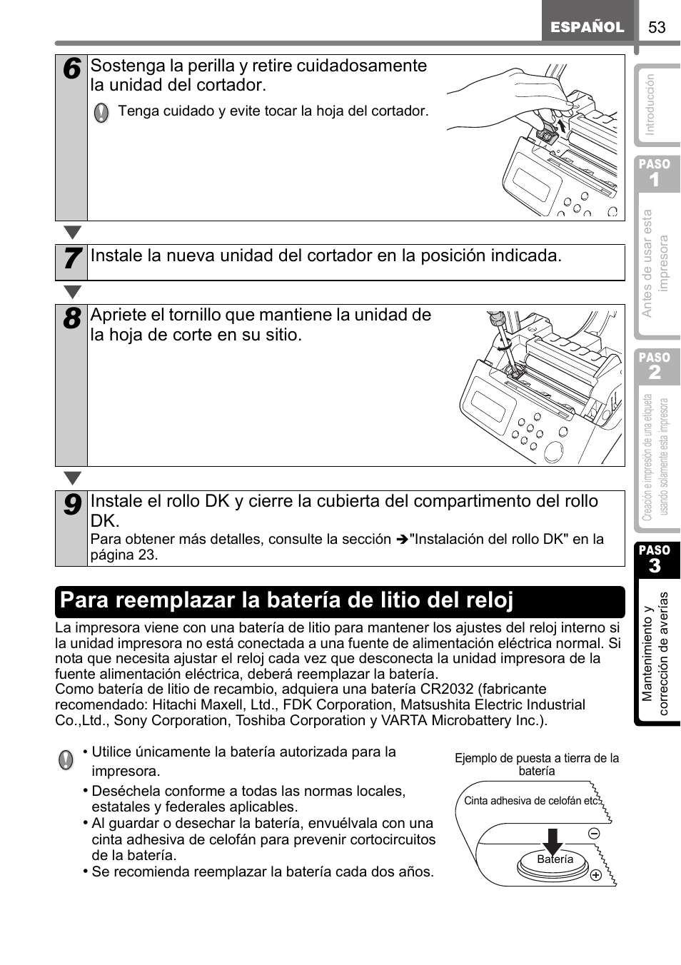 Para reemplazar la batería de litio del reloj, Para reemplazar la batería de | Brother QL-650TD User Manual | Page 111 / 121