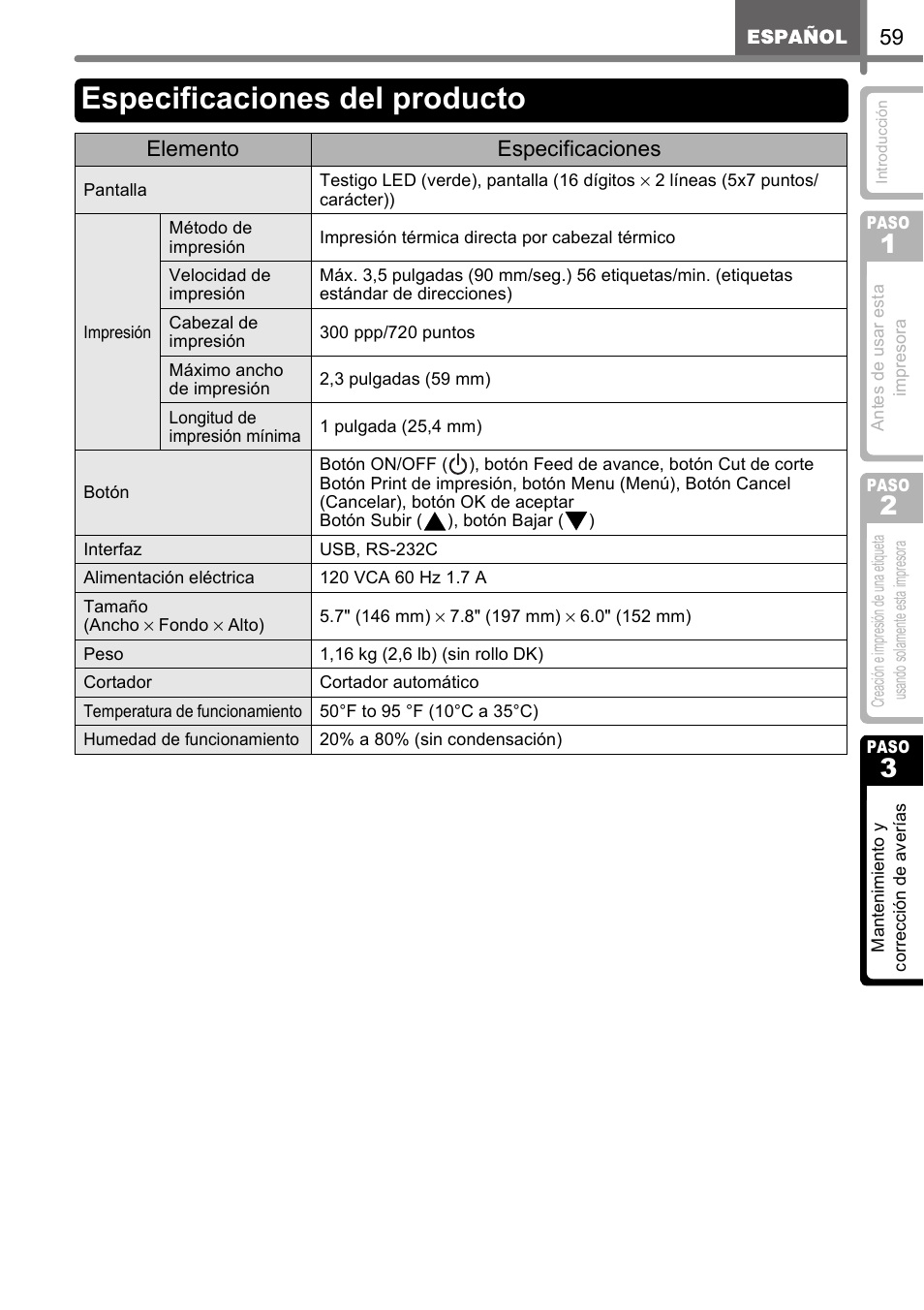 Especificaciones del producto, Elemento especificaciones | Brother QL-650TD User Manual | Page 117 / 121