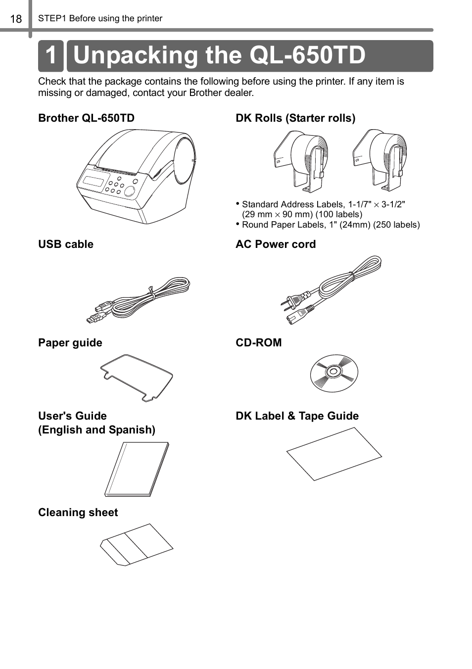 Unpacking the ql-650td, 1 unpacking the ql-650td | Brother QL-650TD User Manual | Page 18 / 121