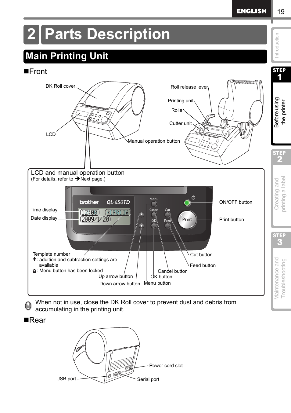 Parts description, Main printing unit, 2 parts description | Front, Rear | Brother QL-650TD User Manual | Page 19 / 121