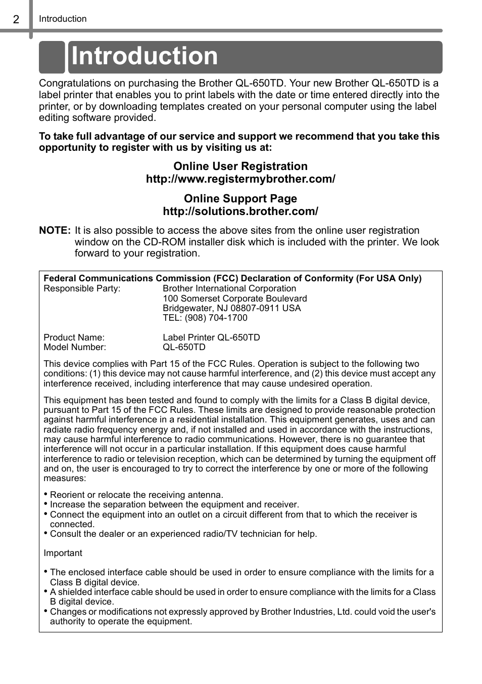 Introduction, Oduct | Brother QL-650TD User Manual | Page 2 / 121