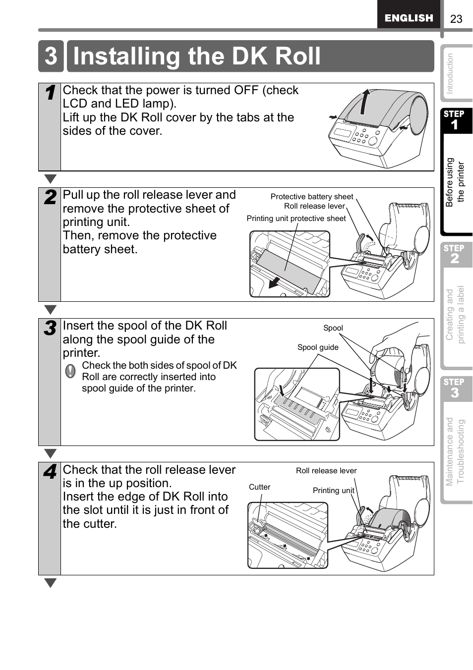Installing the dk roll, 3 installing the dk roll | Brother QL-650TD User Manual | Page 23 / 121
