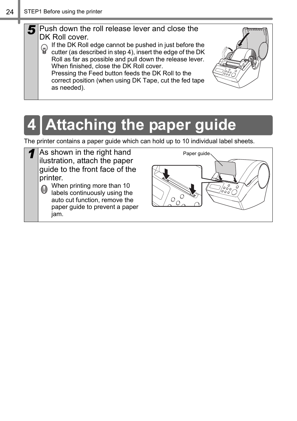 Attaching the paper guide, 4 attaching the paper guide | Brother QL-650TD User Manual | Page 24 / 121