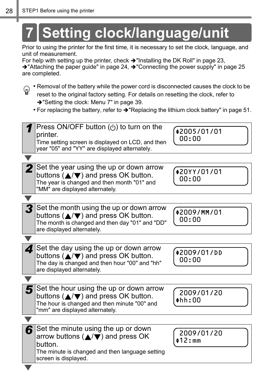 Setting clock/language/unit, 7 setting clock/language/unit | Brother QL-650TD User Manual | Page 28 / 121