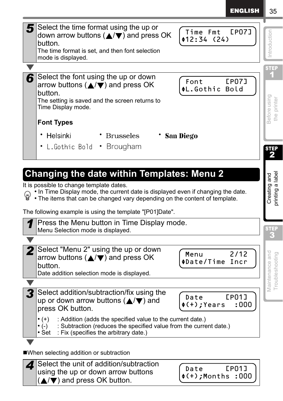 Changing the date within templates: menu 2 | Brother QL-650TD User Manual | Page 35 / 121