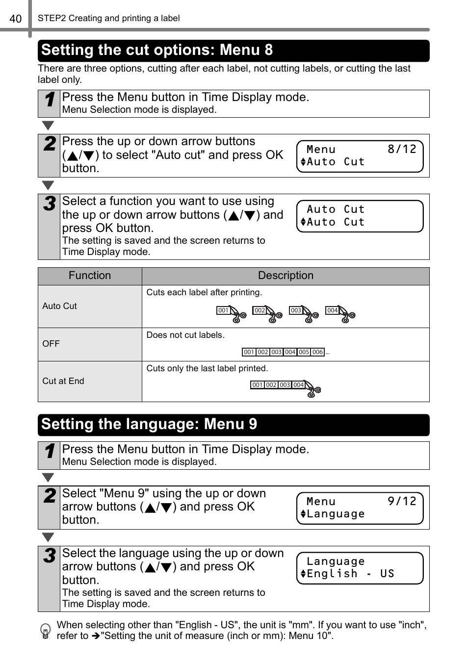 Setting the cut options: menu 8, Setting the language: menu 9 | Brother QL-650TD User Manual | Page 40 / 121